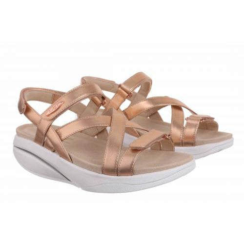MBT Kiburi Classic Ladies Rose Gold Leather Arch Support Sandals with touch fastenings and white cushioned soles.