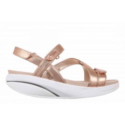 MBT Kiburi Classic Ladies Rose Gold Leather Arch Support Sandals with touch fastenings and cushioned white sole.