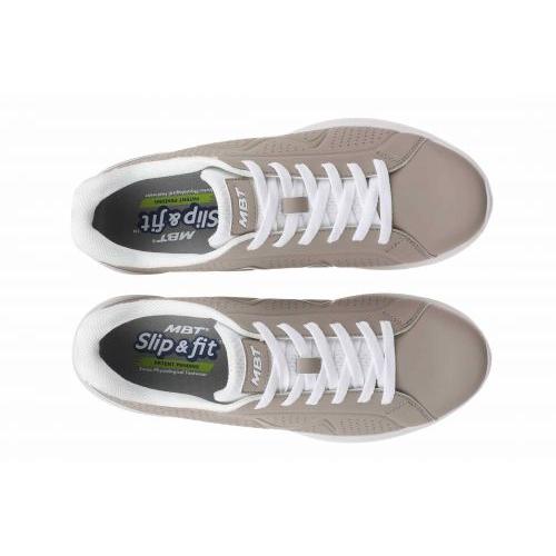 Women's MBT M800 W leather lace-up trainers in warm taupe with white soles and white laces, featuring Slip & Fit comfort technology.