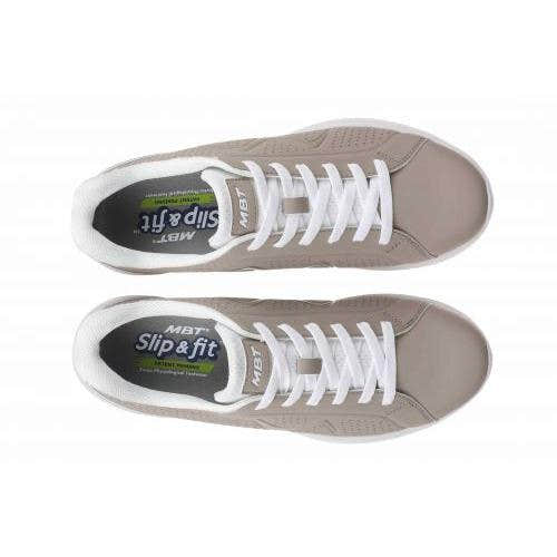 Women's MBT M800 W leather lace-up trainers in warm taupe with white soles and white laces, featuring Slip & Fit comfort technology.