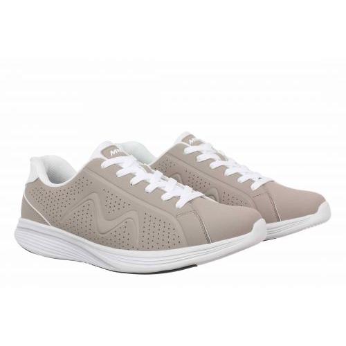 MBT M800 W ladies taupe leather lace-up trainers, lightweight sporty sneakers with perforated details and white sole.