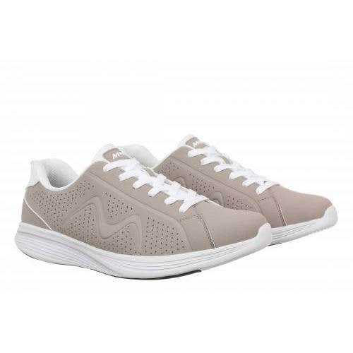 MBT M800 W ladies taupe leather lace-up trainers, lightweight sporty sneakers with perforated details and white sole.