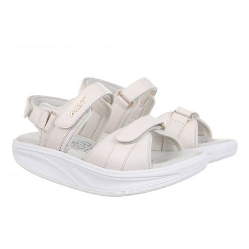 Ladies Ivory Leather MBT SUMU 8 W sandals with touch-fastening straps and a chunky white sole.