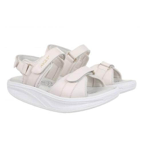Ladies Ivory Leather MBT SUMU 8 W sandals with touch-fastening straps and a chunky white sole.