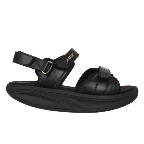 Ladies black leather MBT SUMU 8 W sandals with touch fastenings and cushioned sole.