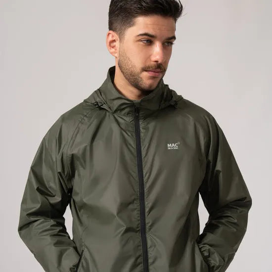 Men's unisex khaki Mac In A Sac Mias Origin 2 waterproof jacket with hood, front zipper, and side pockets.