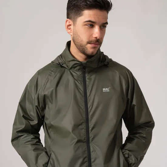 Men's unisex khaki Mac In A Sac Mias Origin 2 waterproof jacket with hood, front zipper, and side pockets.
