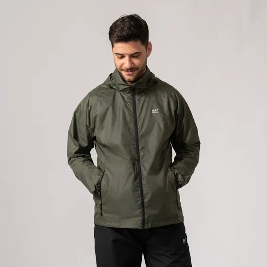 Unisex khaki Mac In A Sac Mias Origin 2 jacket with hood, front zipper, and logo, ideal for outdoor wear.