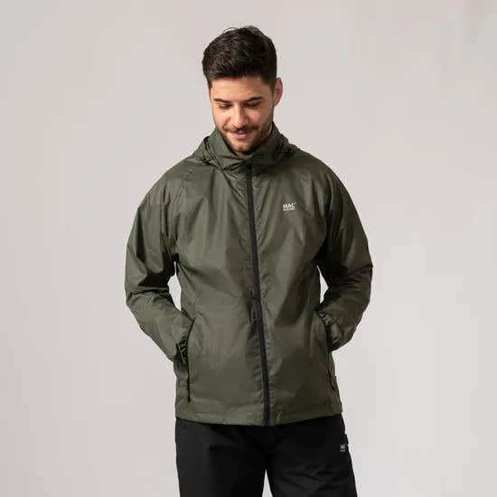 Unisex khaki Mac In A Sac Mias Origin 2 jacket with hood, front zipper, and logo, ideal for outdoor wear.