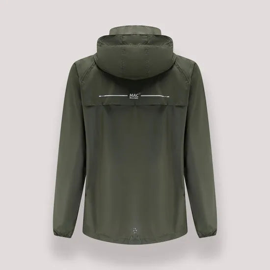 Unisex khaki Mac In A Sac Mias Origin 2 jacket with hood, lightweight waterproof design, back logo, and elastic cuffs.