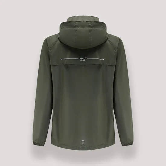 Unisex khaki Mac In A Sac Mias Origin 2 jacket with hood, lightweight waterproof design, back logo, and elastic cuffs.