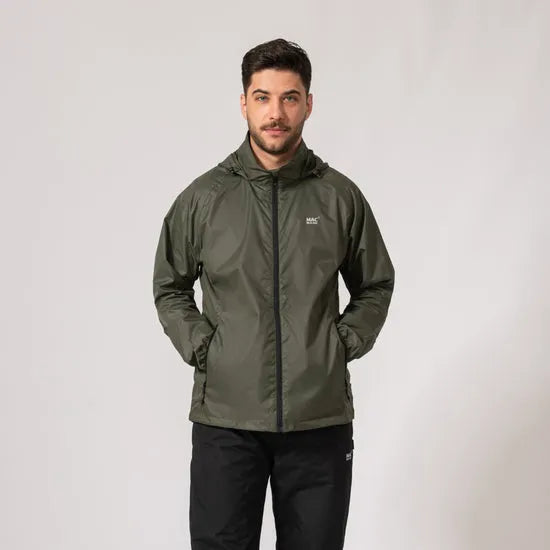 Unisex khaki Mac In A Sac Mias Origin 2 waterproof jacket with hood and zip closure, styled on a male model.