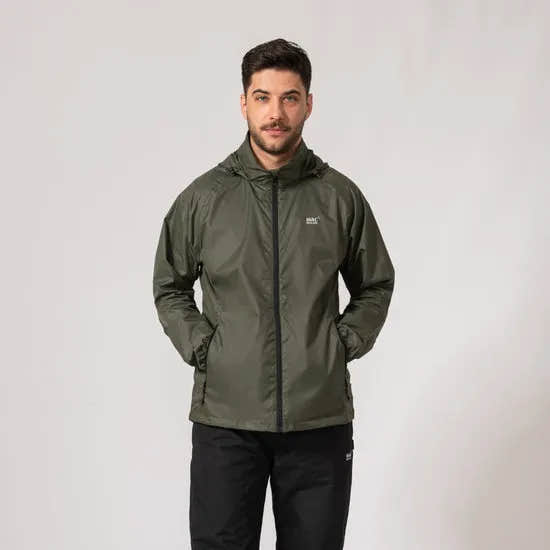Unisex khaki Mac In A Sac Mias Origin 2 waterproof jacket with hood and zip closure, styled on a male model.