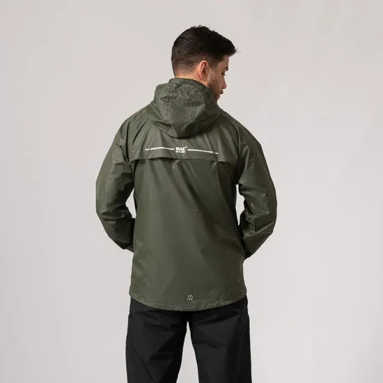 Unisex khaki Mac In A Sac Mias Origin 2 waterproof jacket with hood, reflective details, and relaxed fit.