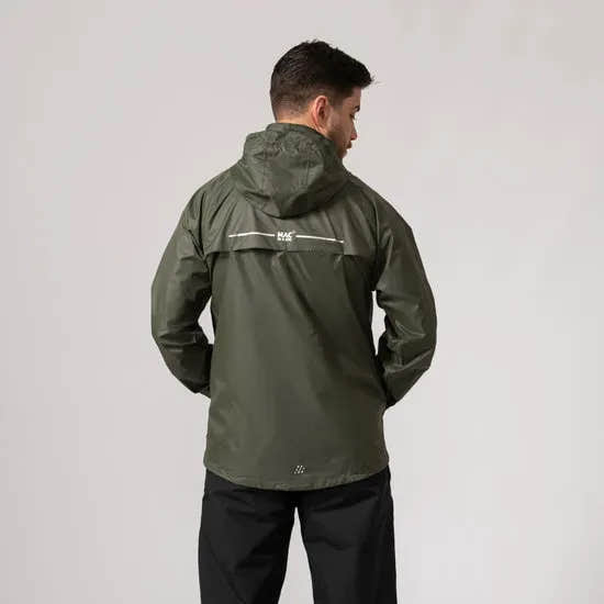Unisex khaki Mac In A Sac Mias Origin 2 waterproof jacket with hood, reflective details, and relaxed fit.
