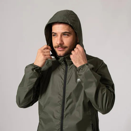 Unisex khaki Mac In A Sac Mias Origin 2 hooded jacket, lightweight waterproof outerwear with adjustable hood and zip closure.