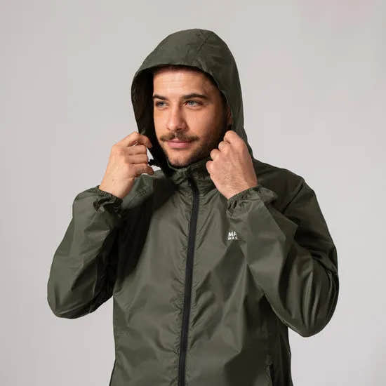 Unisex khaki Mac In A Sac Mias Origin 2 hooded jacket, lightweight waterproof outerwear with adjustable hood and zip closure.