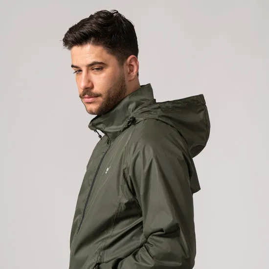 Unisex khaki Mac In A Sac Mias Origin 2 waterproof jacket with hood, front zip, and sleek design.