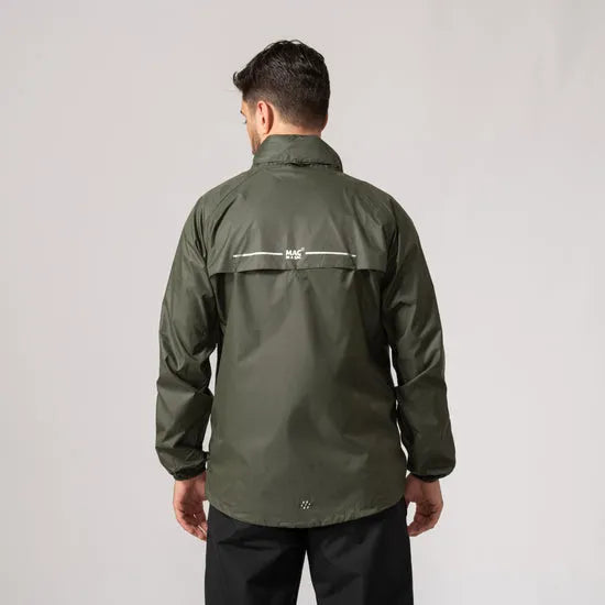 Unisex khaki Mac In A Sac Mias Origin 2 jacket with reflective stripe detail, back view, lightweight waterproof raincoat.