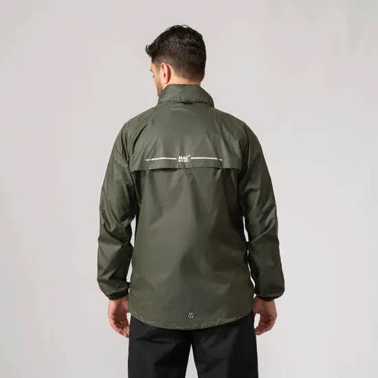 Unisex khaki Mac In A Sac Mias Origin 2 jacket with reflective stripe detail, back view, lightweight waterproof raincoat.