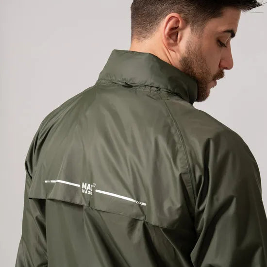 Unisex khaki Mac In A Sac Mias Origin 2 jacket with back pocket and reflective details, adjustable collar, lightweight waterproof design.
