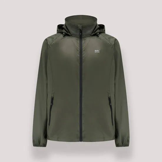 Unisex Mac In A Sac Mias Origin 2 khaki jacket with hood, front zipper, and zippered side pockets. Lightweight, water-resistant outdoor apparel.