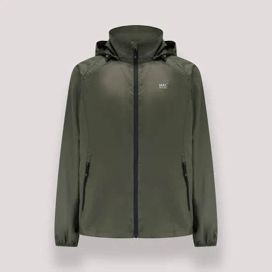 Unisex Mac In A Sac Mias Origin 2 khaki jacket with hood, front zipper, and zippered side pockets. Lightweight, water-resistant outdoor apparel.