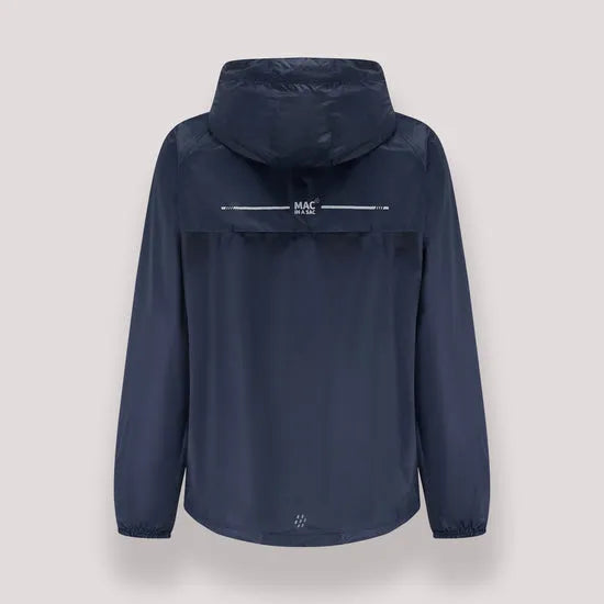 Unisex navy Mac In A Sac Mias Origin 2 sleeve jacket with hood, lightweight waterproof outdoor coat for men and women.