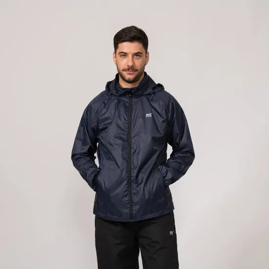 Unisex navy Mac In A Sac Mias Origin 2 waterproof jacket with hood, front zipper, and logo, suitable for outdoor wear.