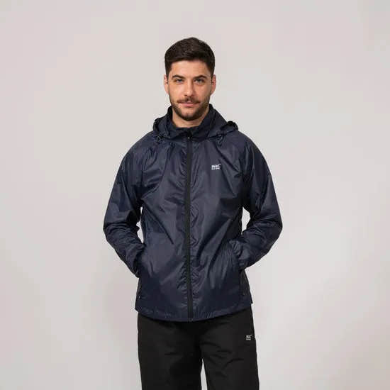 Unisex navy Mac In A Sac Mias Origin 2 waterproof jacket with hood, front zipper, and logo, suitable for outdoor wear.