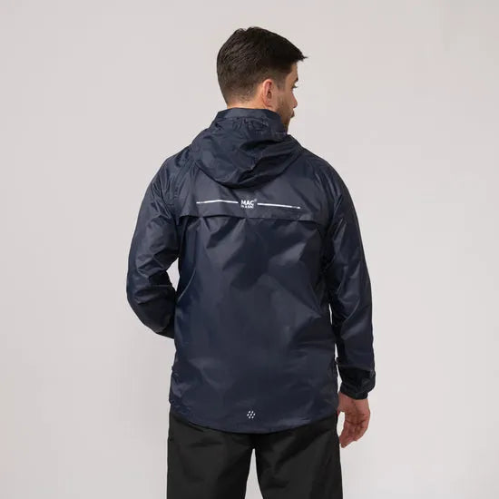 Unisex navy Mac In A Sac Mias Origin 2 waterproof jacket with hood, rear view, lightweight outdoor rainwear.