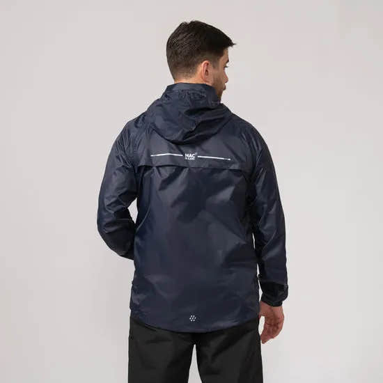 Unisex navy Mac In A Sac Mias Origin 2 waterproof jacket with hood, rear view, lightweight outdoor rainwear.