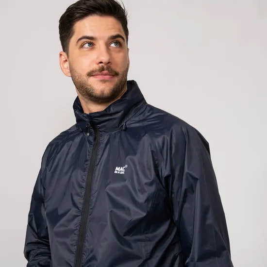 Unisex navy Mac In A Sac Mias Origin 2 waterproof jacket with zipper, high collar, and logo detail, lightweight travel-ready outerwear.