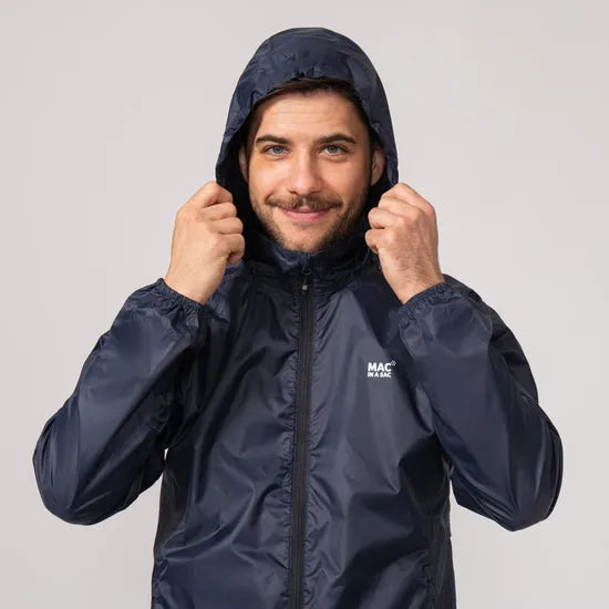 Unisex navy Mac In A Sac Mias Origin 2 waterproof jacket with hood, lightweight design, front zipper, and brand logo.