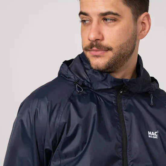 Unisex navy Mac In A Sac Mias Origin 2 waterproof jacket with a hood, front zipper, and logo detail, ideal for outdoor wear.