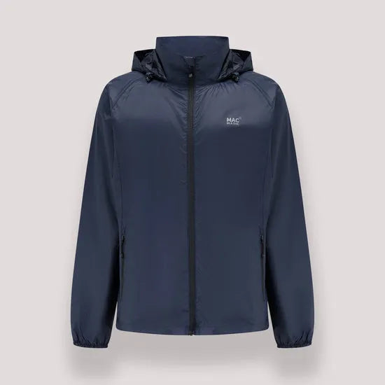 Mac In A Sac Mias Origin 2 unisex navy waterproof jacket with hood, full zipper, and side pockets.