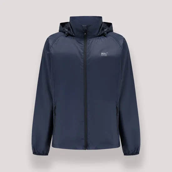 Mac In A Sac Mias Origin 2 unisex navy waterproof jacket with hood, full zipper, and side pockets.