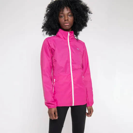 Unisex pink Mac In A Sac Mias Origin 2 waterproof jacket with white zipper and pockets, designed for outdoor activities.
