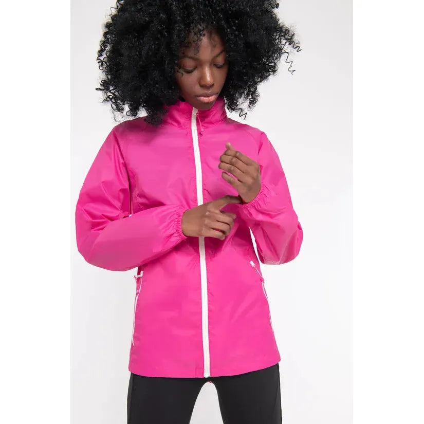 Unisex pink waterproof jacket with white zipper, hoodless design, and elastic cuffs, from Mac In A Sac Mias Origin 2 collection.