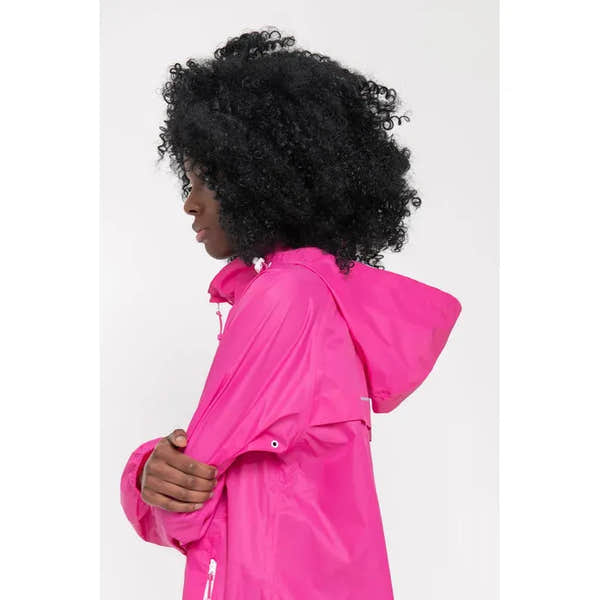 Unisex pink Mac In A Sac Mias Origin 2 waterproof jacket with hood, lightweight design, suitable for outdoor activities.