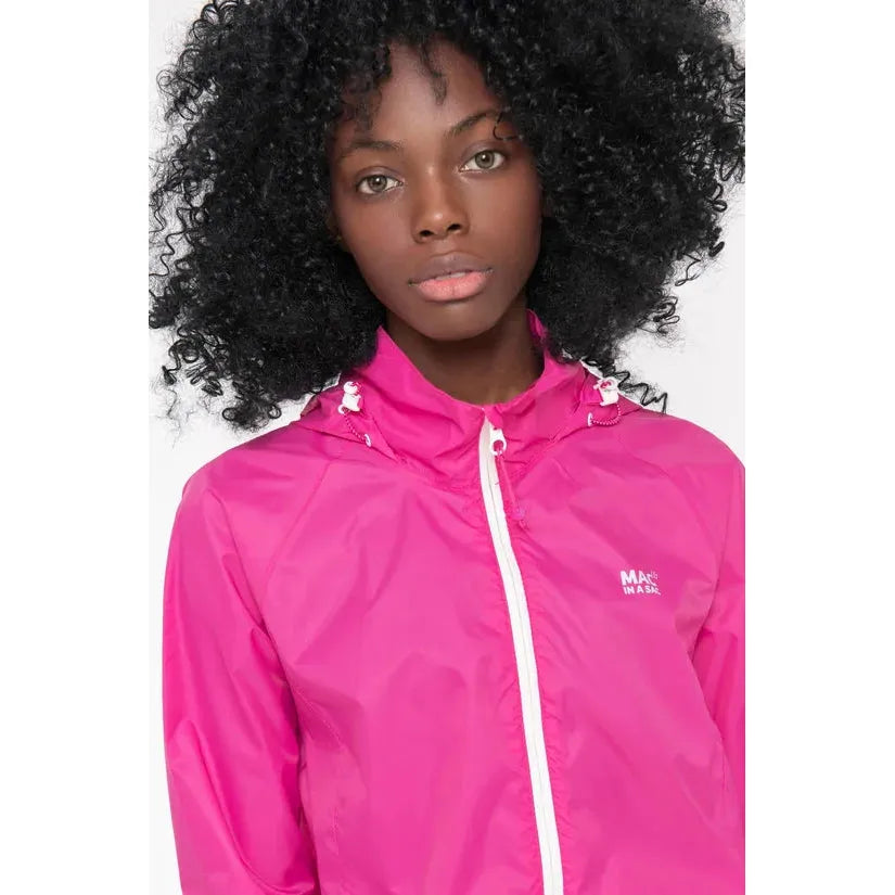 Unisex pink Mac In A Sac Mias Origin 2 jacket with hood, front zipper, and logo detail.