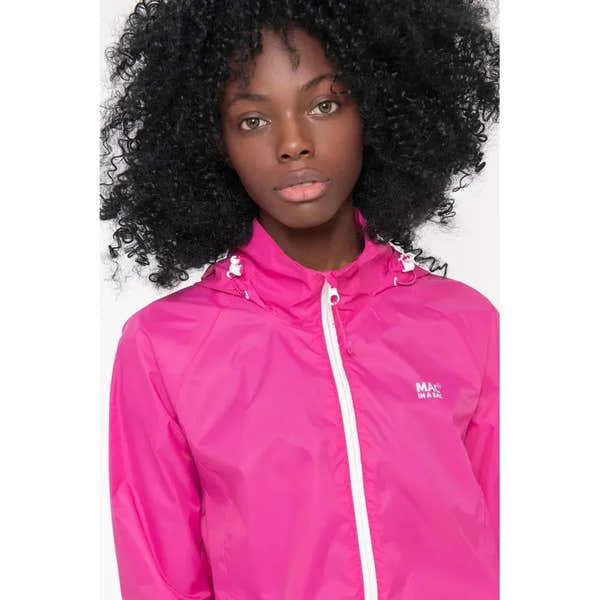 Unisex pink Mac In A Sac Mias Origin 2 jacket with hood, front zipper, and logo detail.