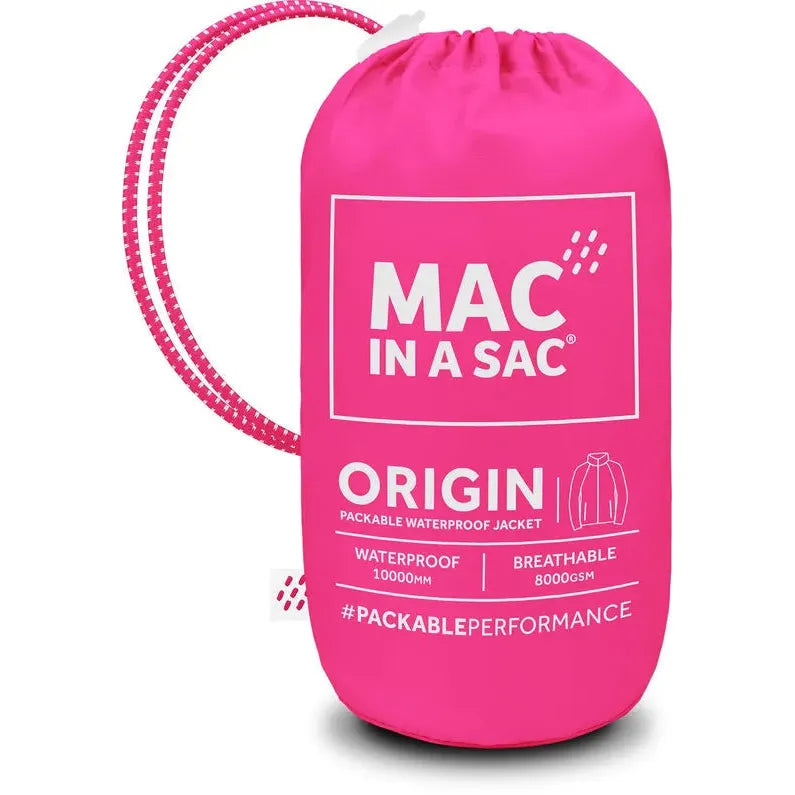 Pink unisex Mac In A Sac Origin 2 packable waterproof jacket in a compact pink bag with white branding and drawstring loop.