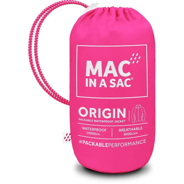 Pink unisex Mac In A Sac Origin 2 packable waterproof jacket in a compact pink bag with white branding and drawstring loop.