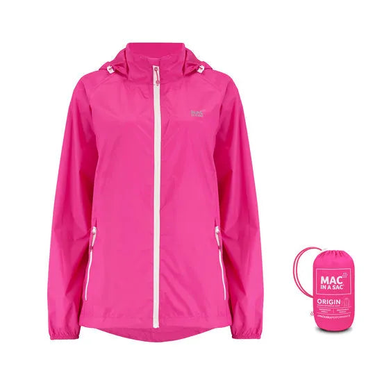 Pink unisex Mac In A Sac Mias Origin 2 waterproof jacket with hood and zip pockets, shown with matching drawstring bag.