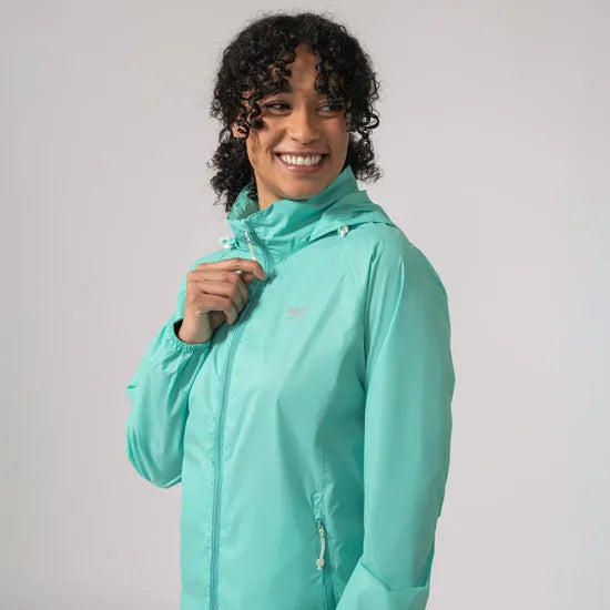 Unisex Tiffany Green Mac In A Sac Mias Origin 2 waterproof jacket, lightweight with hood, zipper closure, and side pockets.