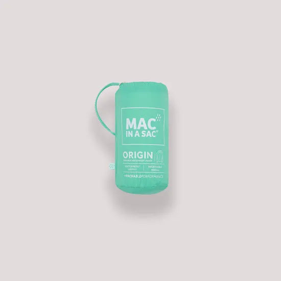 Unisex Tiffany Green Mac In A Sac Mias Origin 2 jacket in compact travel pouch with white text and drawstring.