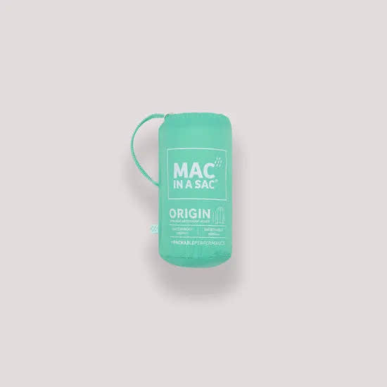 Unisex Tiffany Green Mac In A Sac Mias Origin 2 jacket in compact travel pouch with white text and drawstring.