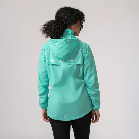 Mac In A Sac Mias Origin 2 unisex Tiffany green waterproof jacket with hood, lightweight design, and reflective details.