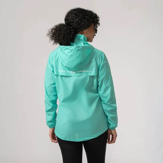 Mac In A Sac Mias Origin 2 unisex Tiffany green waterproof jacket with hood, lightweight design, and reflective details.